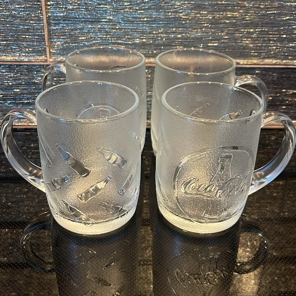 4 Set CocaCola Mugs Coffee Cups Clear Frosted Logo Icon Glasses Coke Bottle Cool